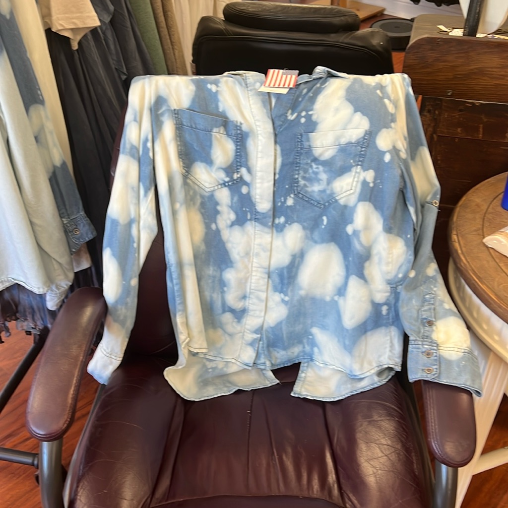 Brand New Denim Colored Spotted Blouse Button Up And Cool Hand Wash